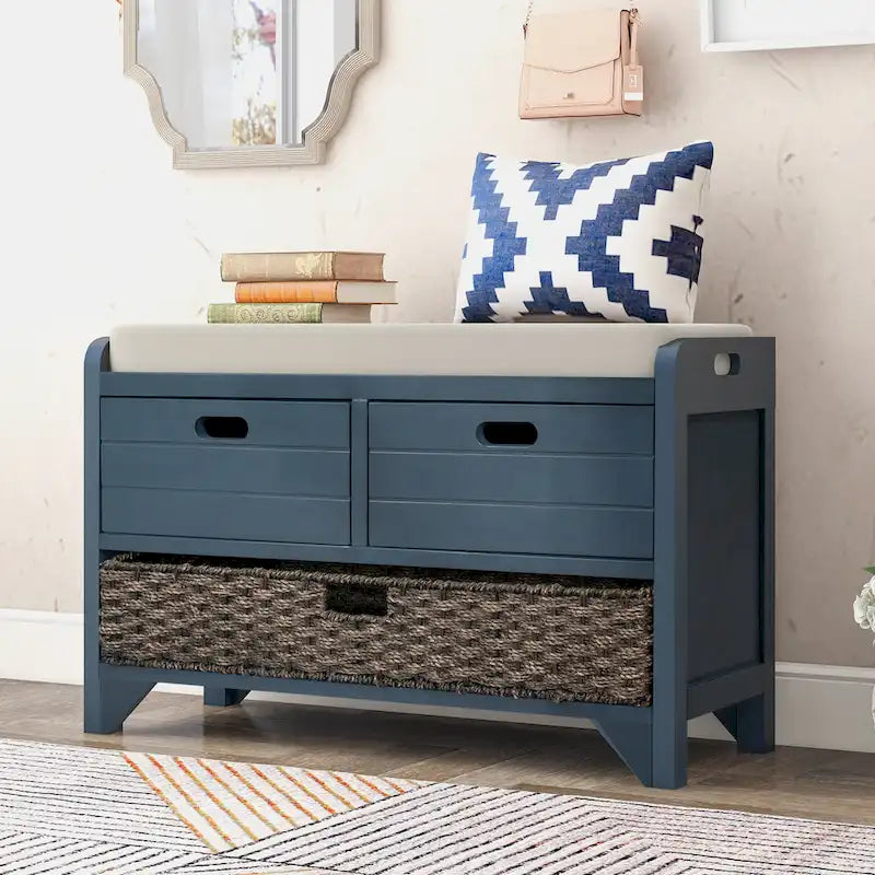 Upholstered Storage Bench with 2 Drawers & Removable Basket