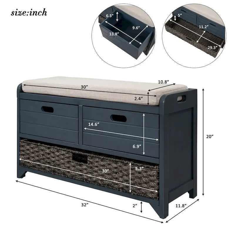 Upholstered Storage Bench with 2 Drawers & Removable Basket