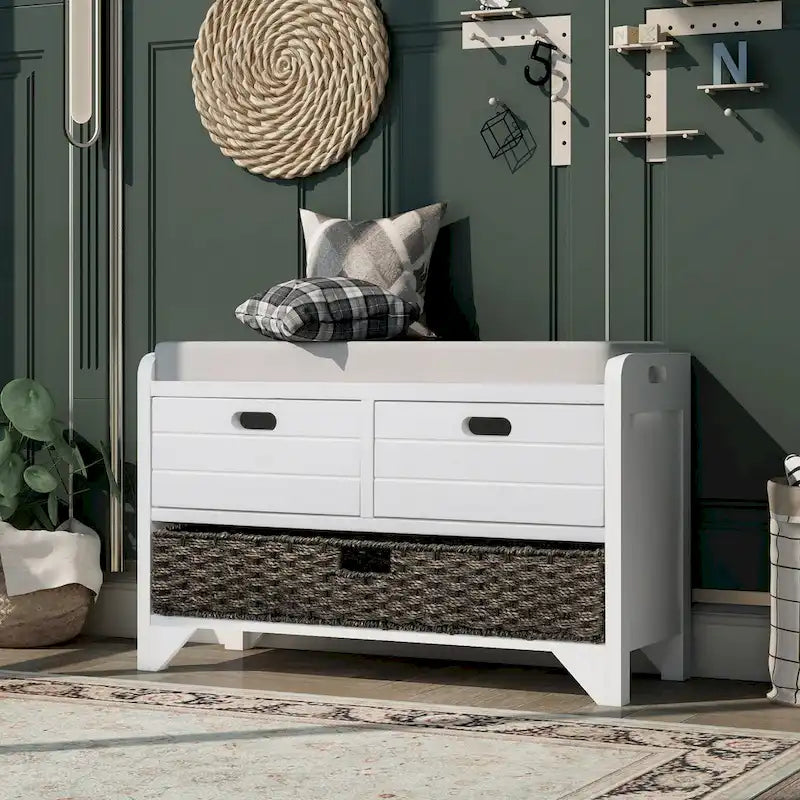 Upholstered Storage Bench with 2 Drawers & Removable Basket