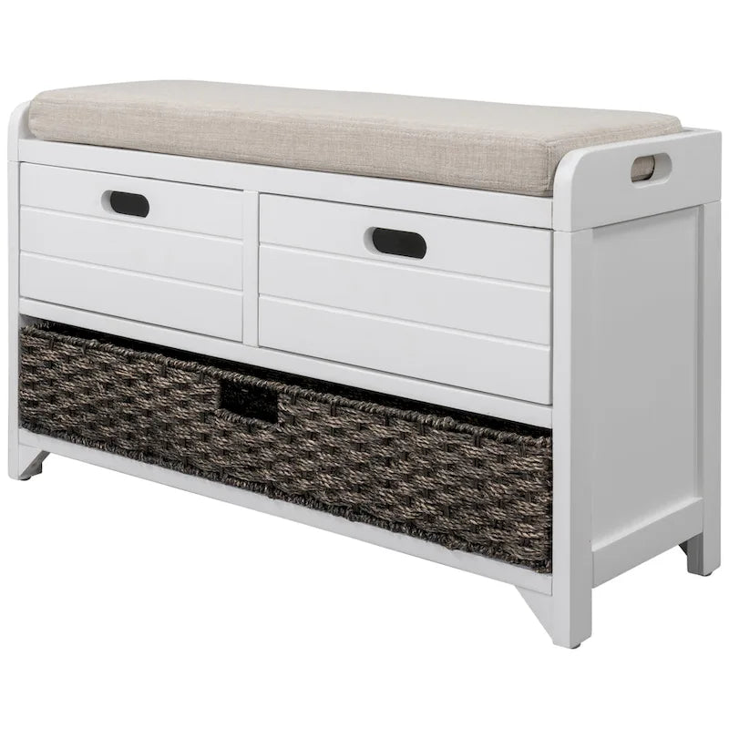 Upholstered Storage Bench with 2 Drawers & Removable Basket