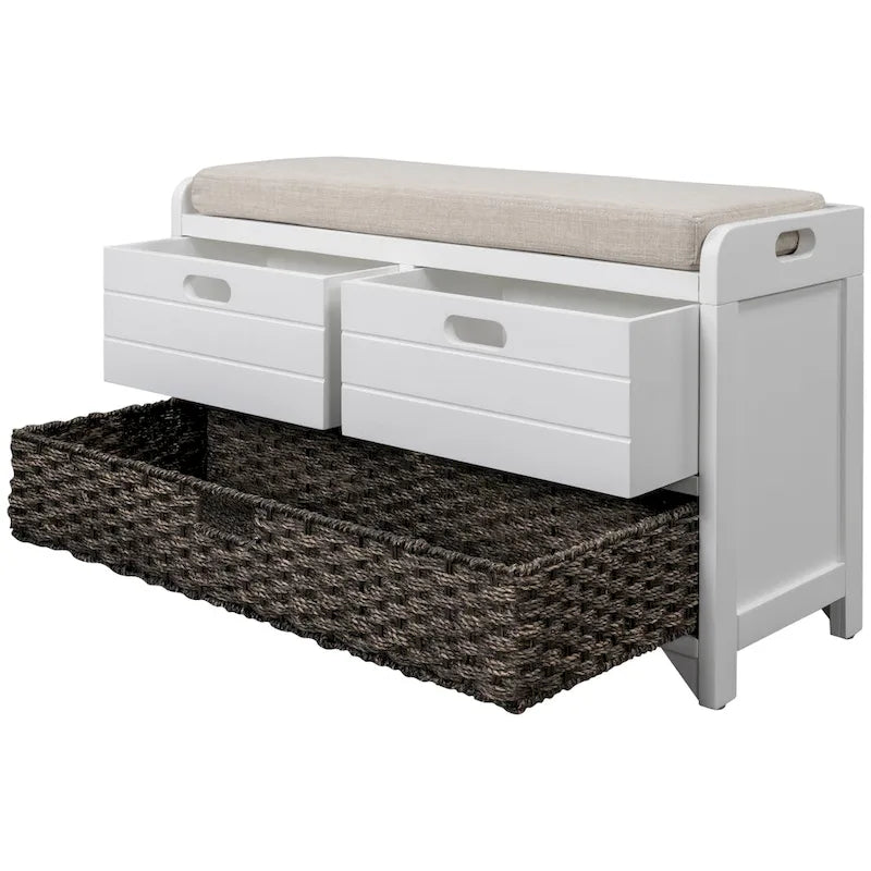 Upholstered Storage Bench with 2 Drawers & Removable Basket