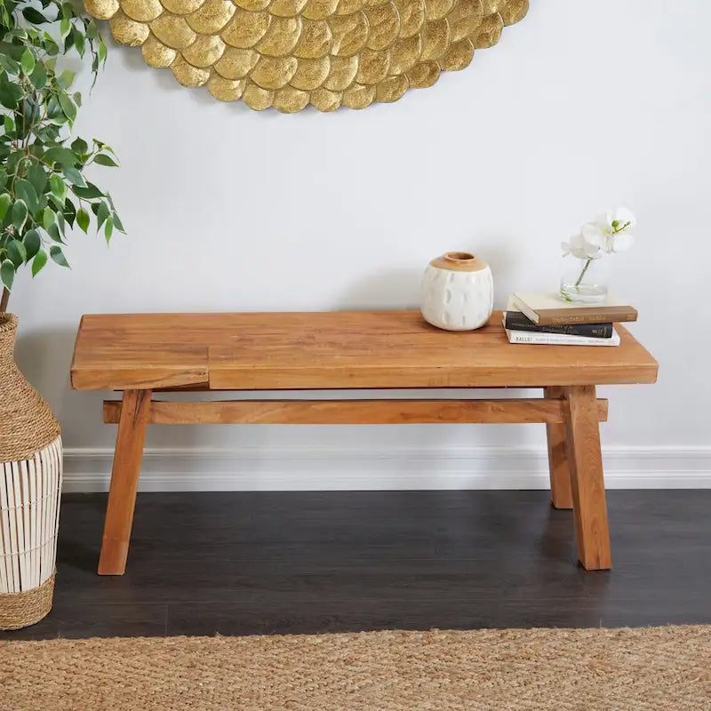Reclaimed Wood Distressed Bench with High Trestle Legs — Brown