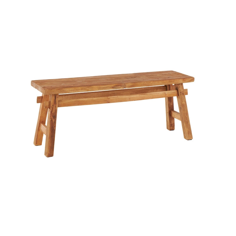 Reclaimed Wood Distressed Bench with High Trestle Legs — Brown