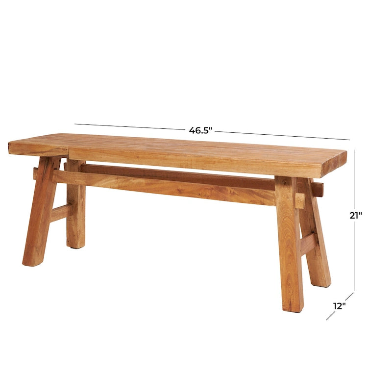 Reclaimed Wood Distressed Bench with High Trestle Legs — Brown