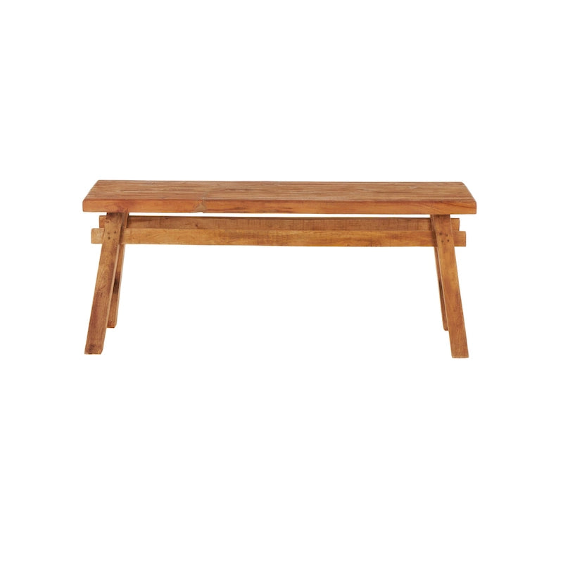 Reclaimed Wood Distressed Bench with High Trestle Legs — Brown