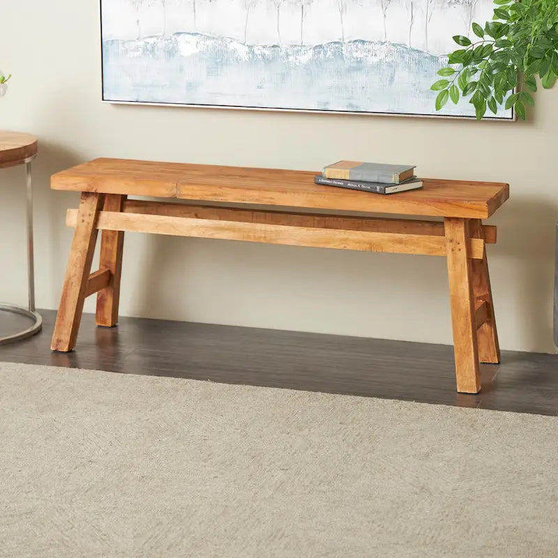 Reclaimed Wood Distressed Bench with High Trestle Legs — Brown