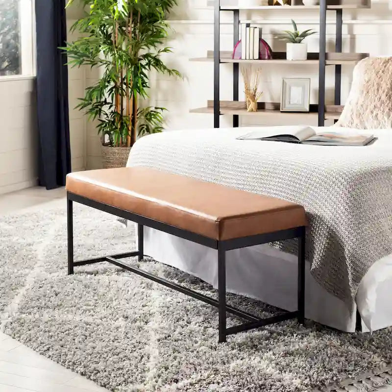 Faux Leather Upholstered Bench with Black Metal Legs