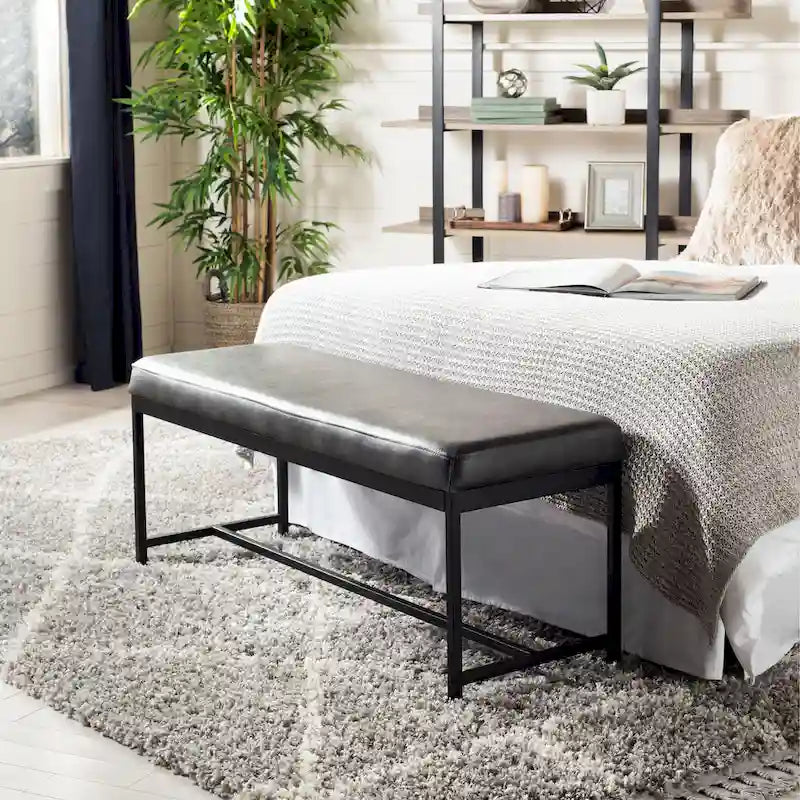Faux Leather Upholstered Bench with Black Metal Legs