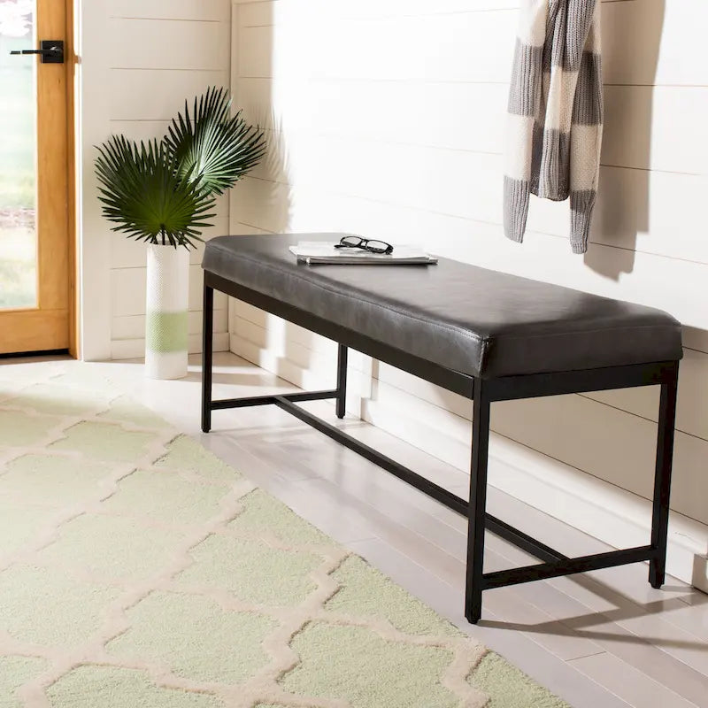 Faux Leather Upholstered Bench with Black Metal Legs