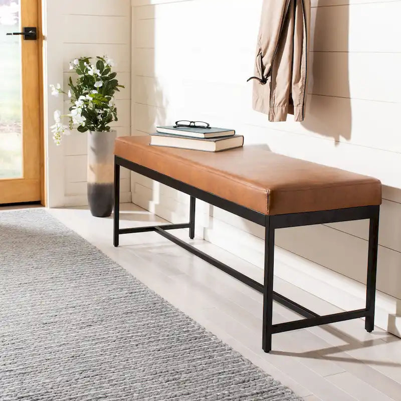Faux Leather Upholstered Bench with Black Metal Legs