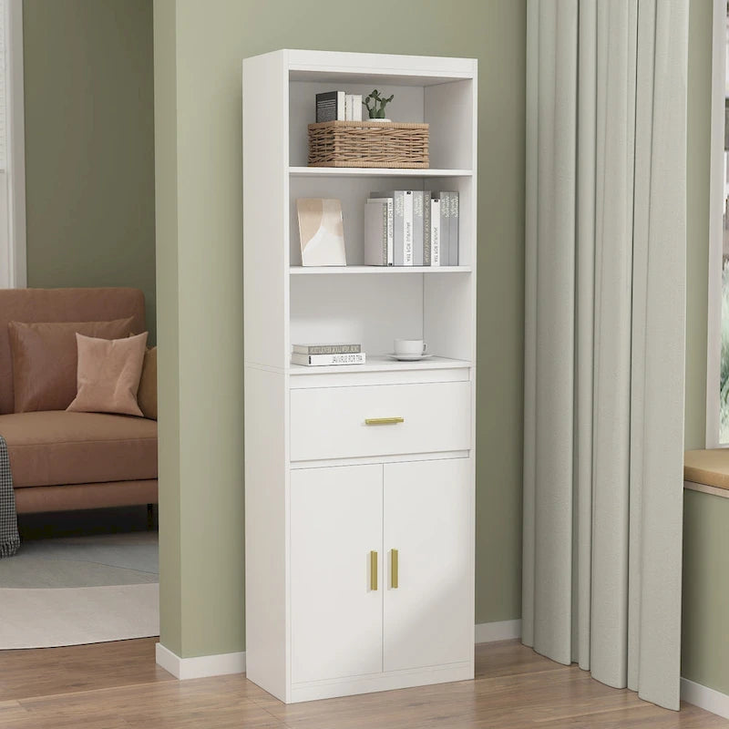 Tall Linen Cabinet with Open Shelves, Drawer & Cabinet Doors