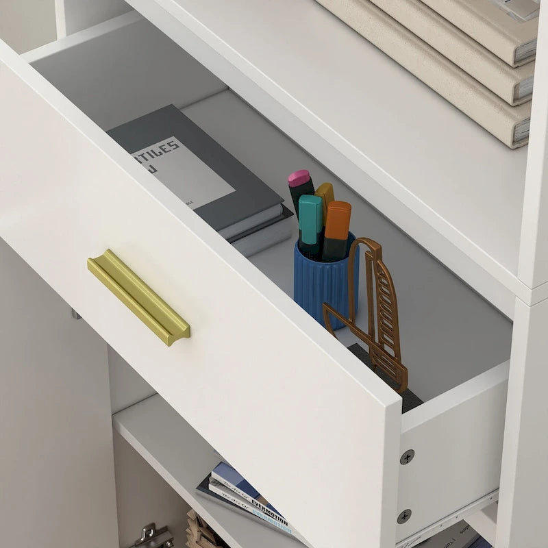 Tall Linen Cabinet with Open Shelves, Drawer & Cabinet Doors