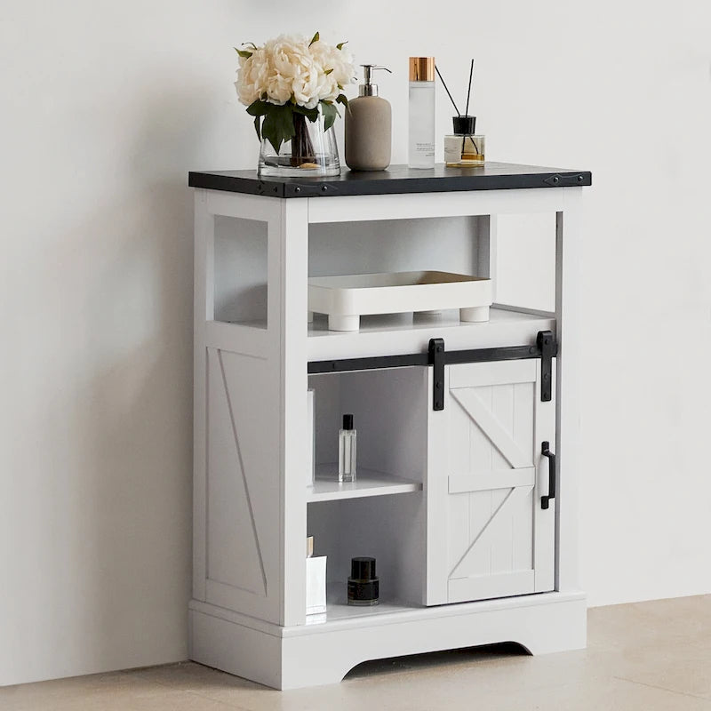 Farmhouse Bathroom Floor Cabinet with Sliding Barn Door & 3 Drawers