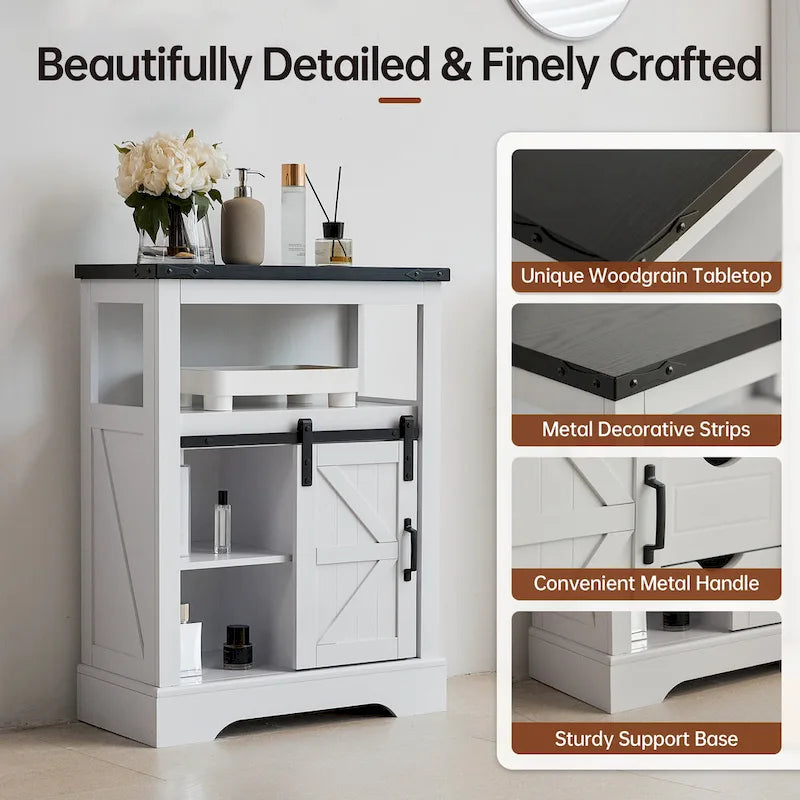 Farmhouse Bathroom Floor Cabinet with Sliding Barn Door & 3 Drawers