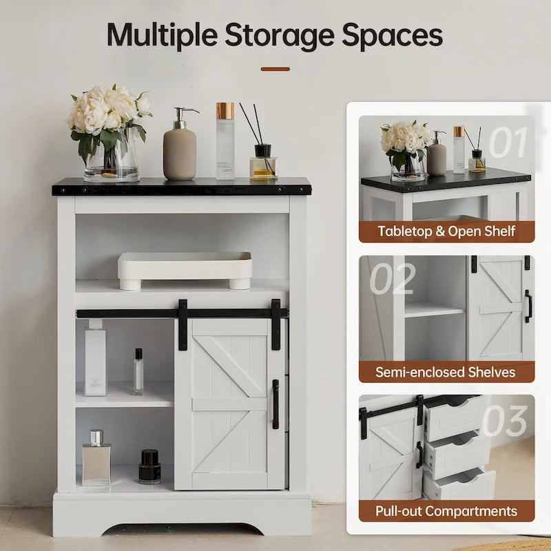 Farmhouse Bathroom Floor Cabinet with Sliding Barn Door & 3 Drawers