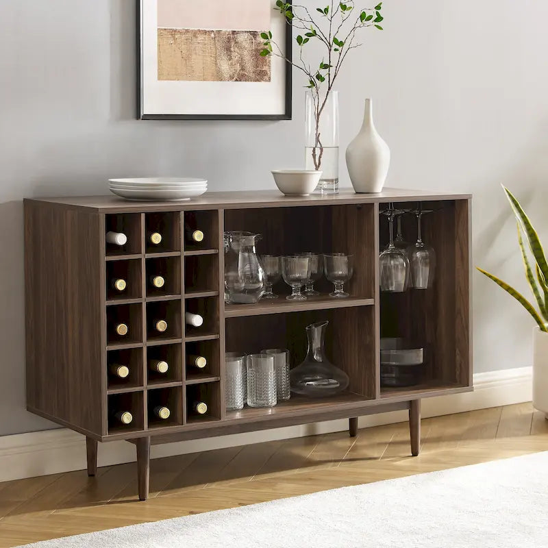 Mid-Century Wine Storage Sideboard with Stemware Rack & 15-Bottle Wine Rack
