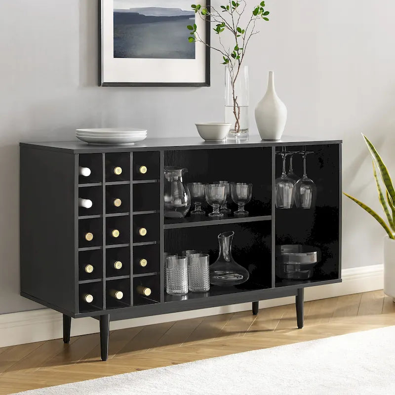Mid-Century Wine Storage Sideboard with Stemware Rack & 15-Bottle Wine Rack