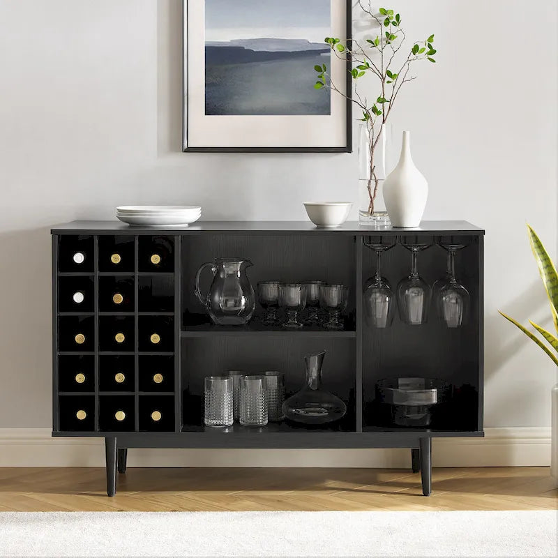 Mid-Century Wine Storage Sideboard with Stemware Rack & 15-Bottle Wine Rack