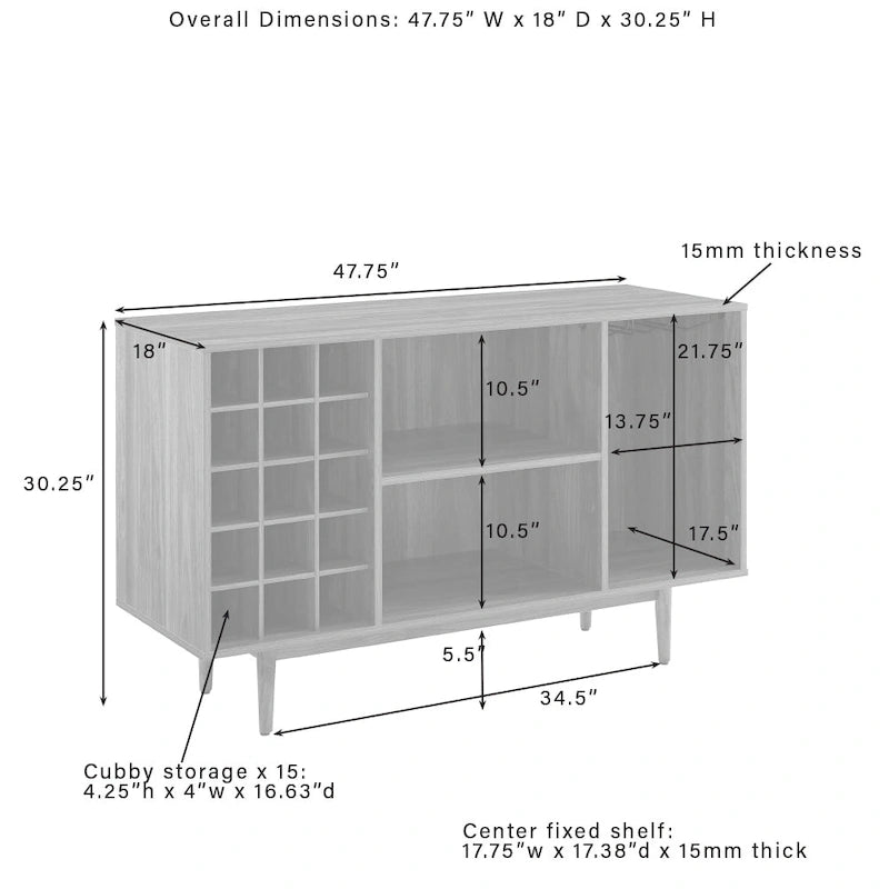 Mid-Century Wine Storage Sideboard with Stemware Rack & 15-Bottle Wine Rack