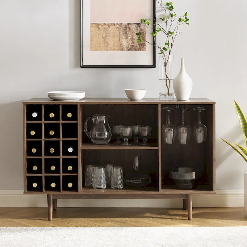 Mid-Century Wine Storage Sideboard with Stemware Rack & 15-Bottle Wine Rack