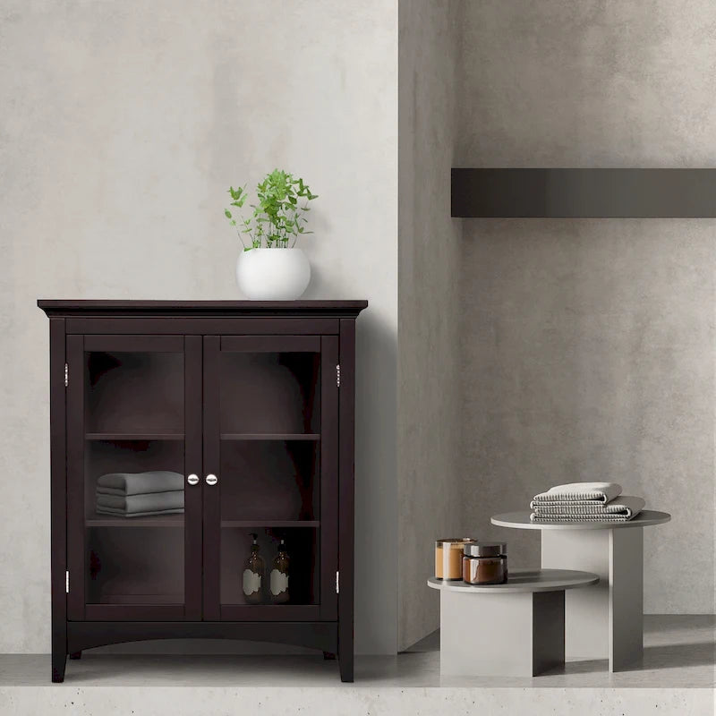 Freestanding 2-Door Glass Panel Floor Cabinet with Adjustable Shelves — Espresso