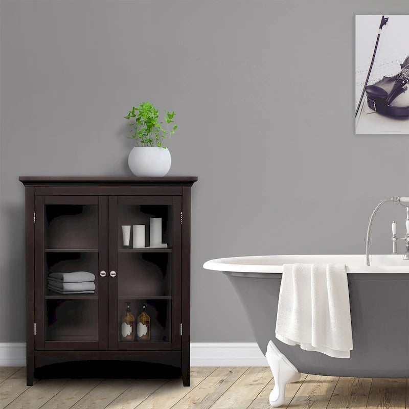 Freestanding 2-Door Glass Panel Floor Cabinet with Adjustable Shelves — Espresso