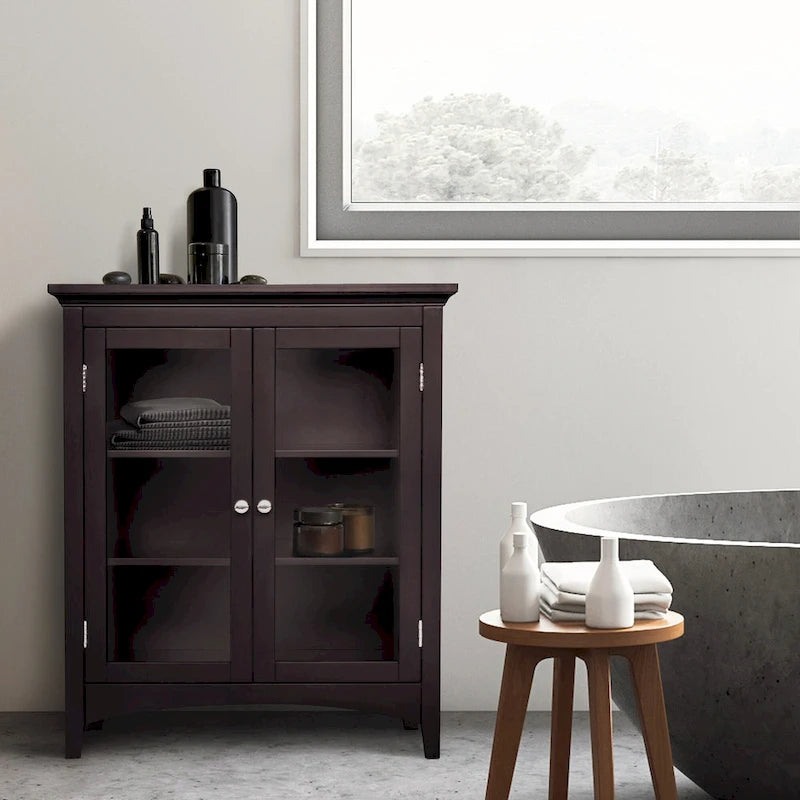 Freestanding 2-Door Glass Panel Floor Cabinet with Adjustable Shelves — Espresso