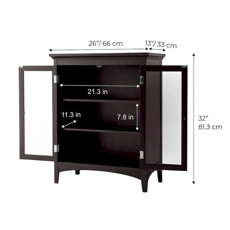 Freestanding 2-Door Glass Panel Floor Cabinet with Adjustable Shelves — Espresso