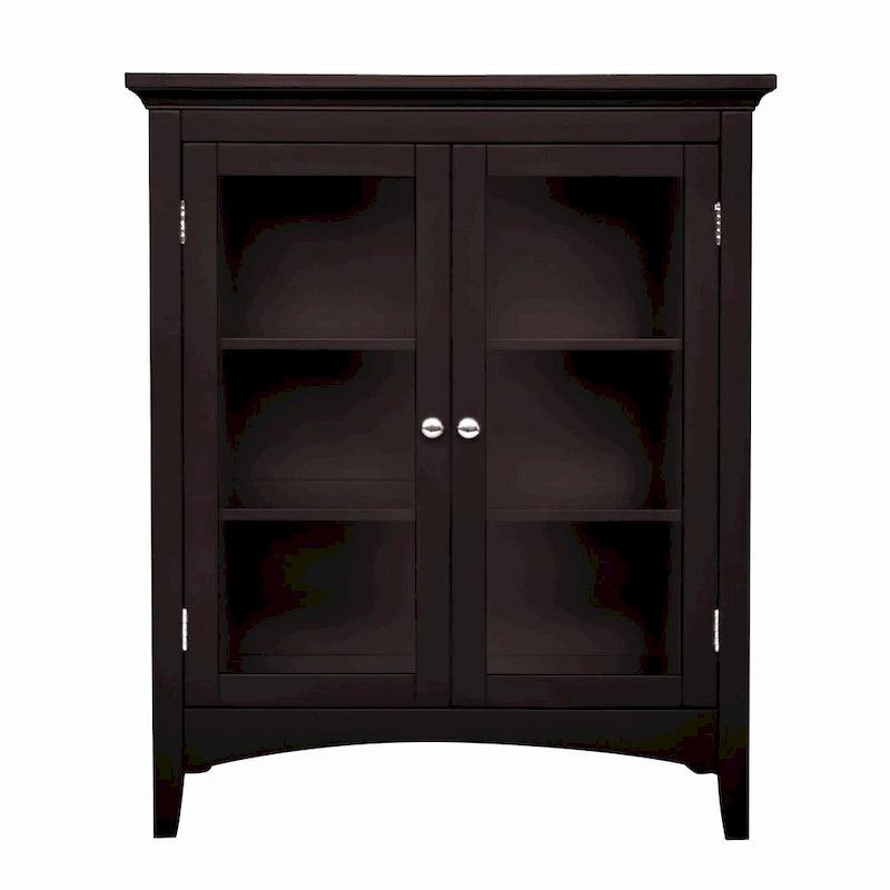 Freestanding 2-Door Glass Panel Floor Cabinet with Adjustable Shelves — Espresso