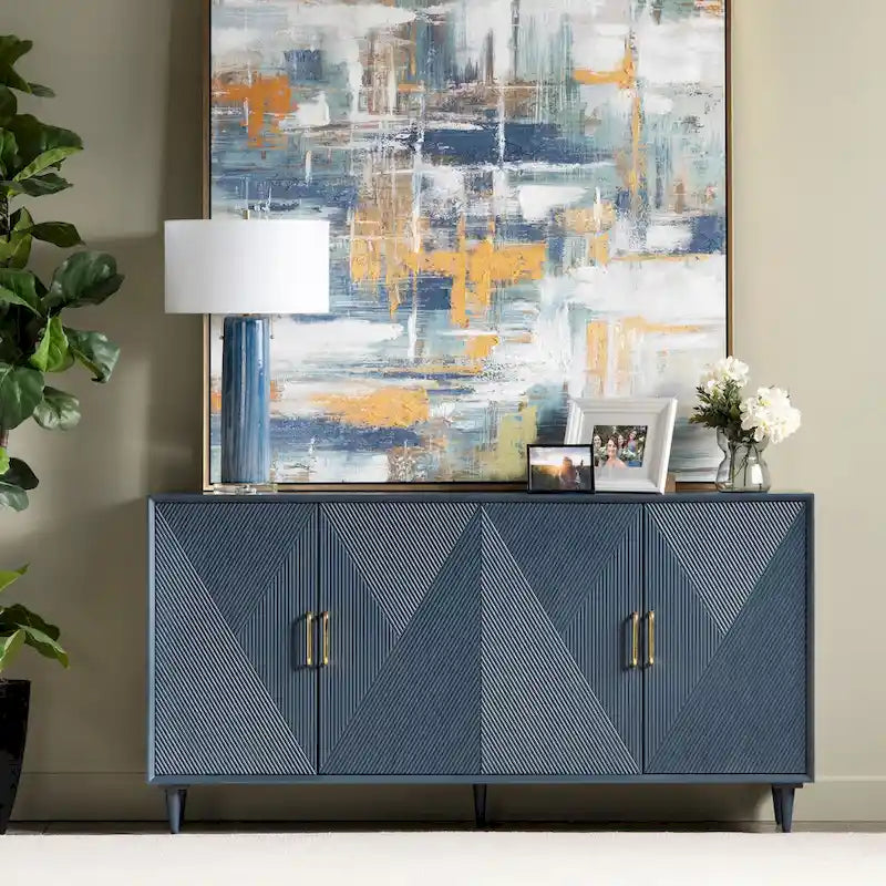 4-Door Wooden Sideboard with Geometric Pattern & Gold Hardware