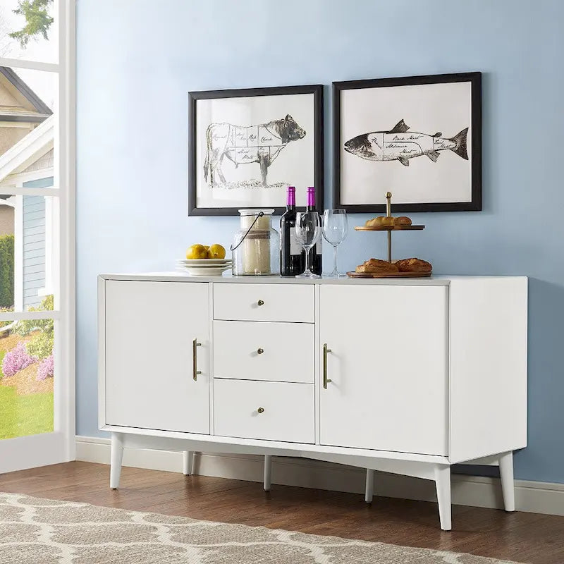 Mid-Century Sideboard with 2 Cabinets, 3 Drawers & Tapered Legs – White