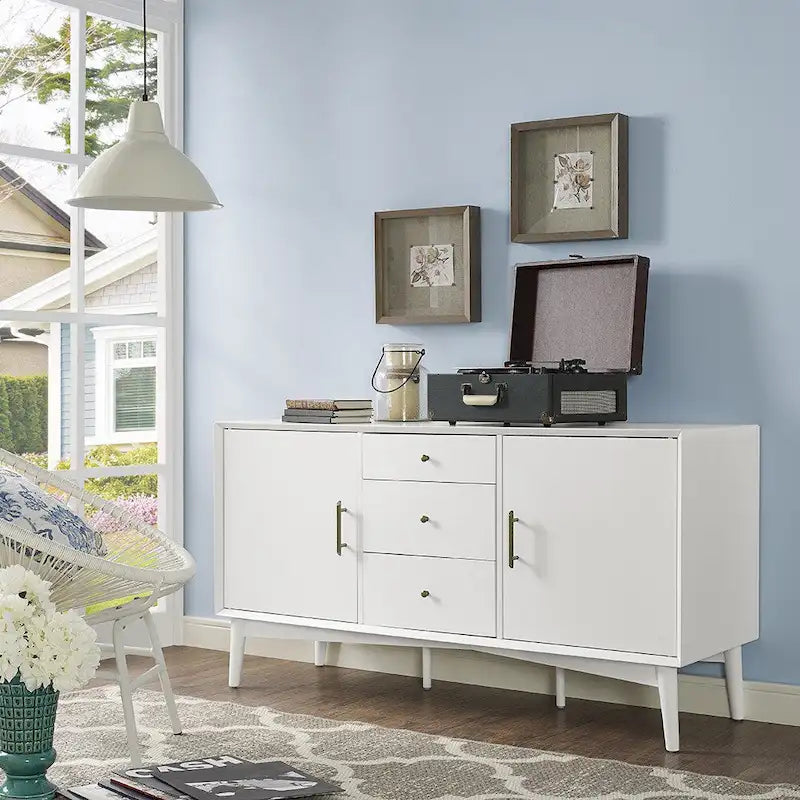 Mid-Century Sideboard with 2 Cabinets, 3 Drawers & Tapered Legs – White