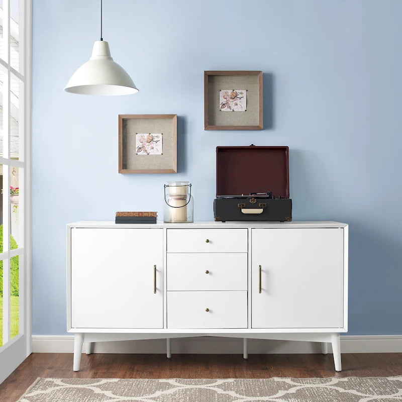 Mid-Century Sideboard with 2 Cabinets, 3 Drawers & Tapered Legs – White