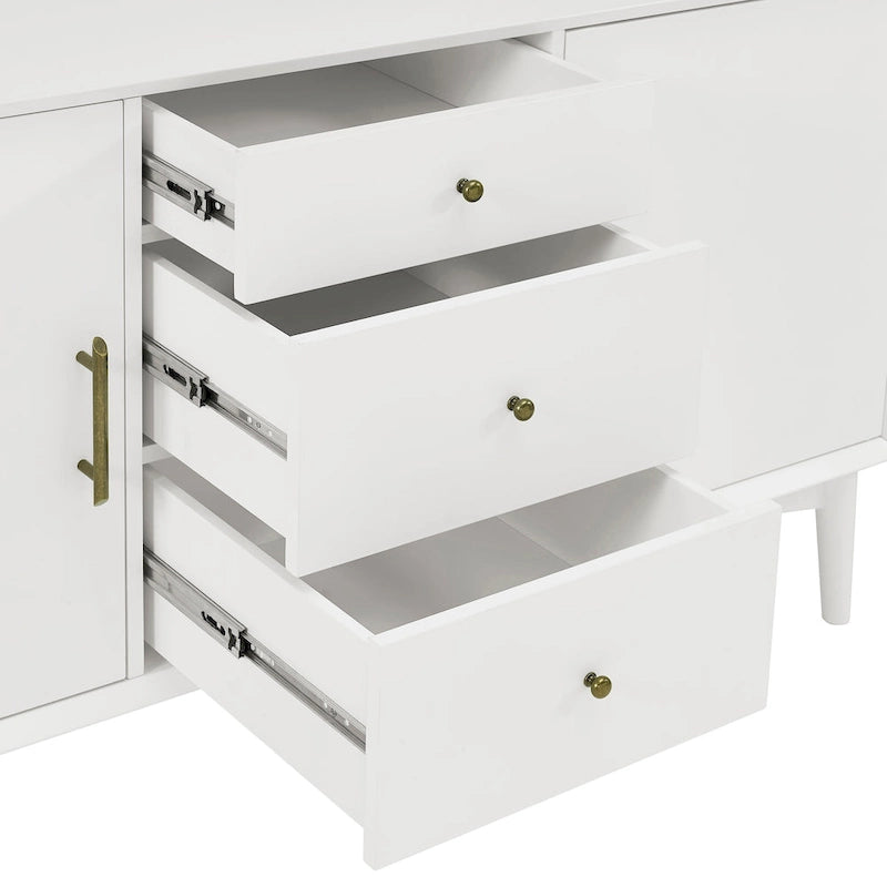 Mid-Century Sideboard with 2 Cabinets, 3 Drawers & Tapered Legs – White