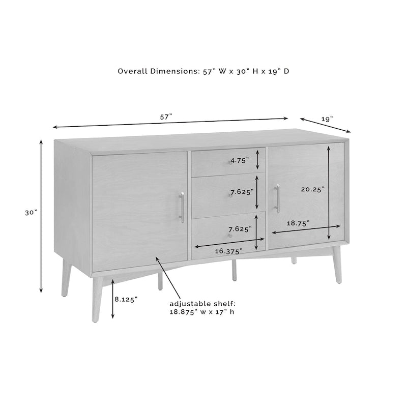 Mid-Century Sideboard with 2 Cabinets, 3 Drawers & Tapered Legs – White