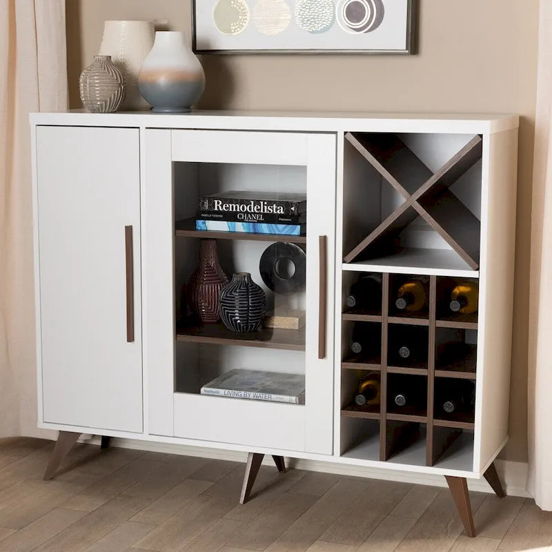 Mid-Century Modern Wine Cabinet with Glass Door & 24-Bottle Rack