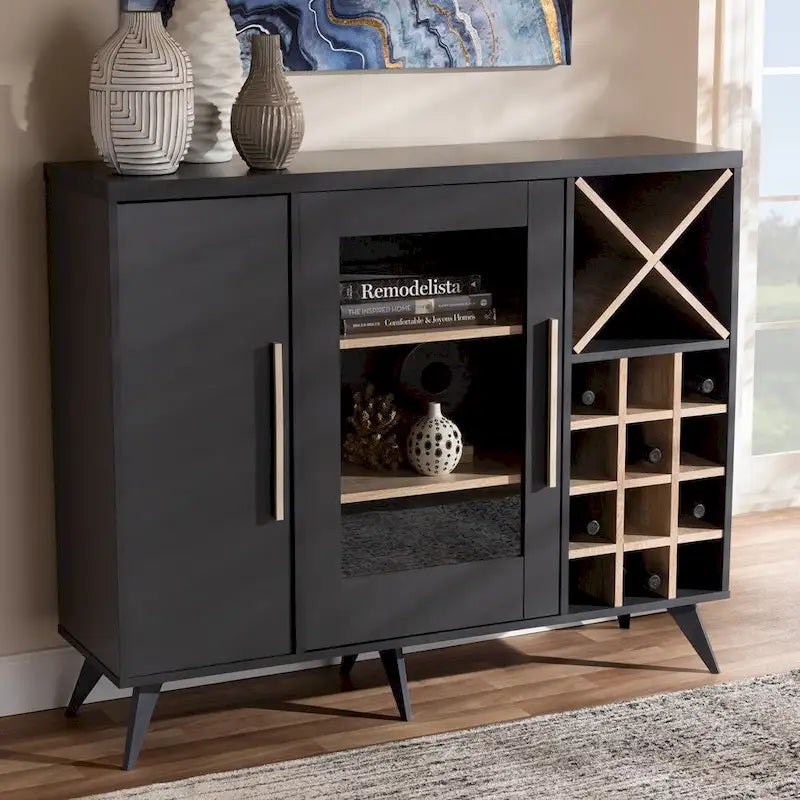 Mid-Century Modern Wine Cabinet with Glass Door & 24-Bottle Rack