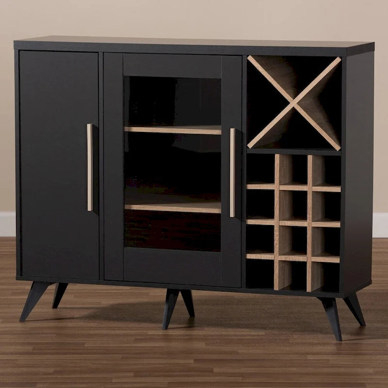 Mid-Century Modern Wine Cabinet with Glass Door & 24-Bottle Rack