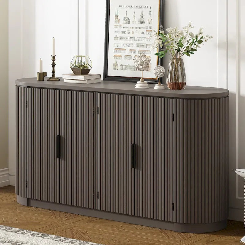 Vertical Striped Storage Cabinet with Metal Handles & Adjustable Shelves