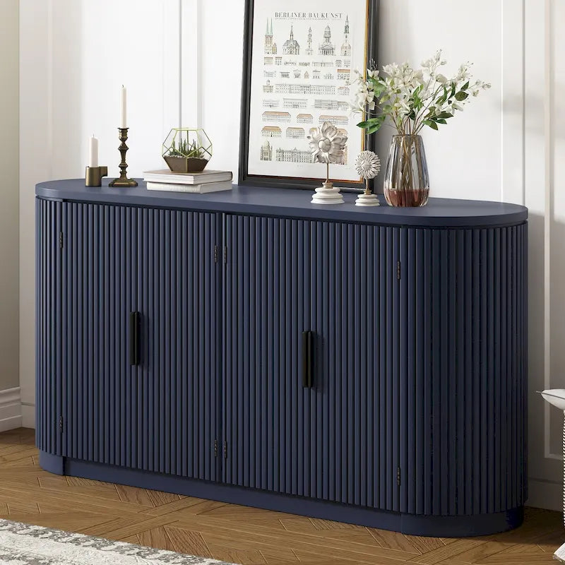 Vertical Striped Storage Cabinet with Metal Handles & Adjustable Shelves