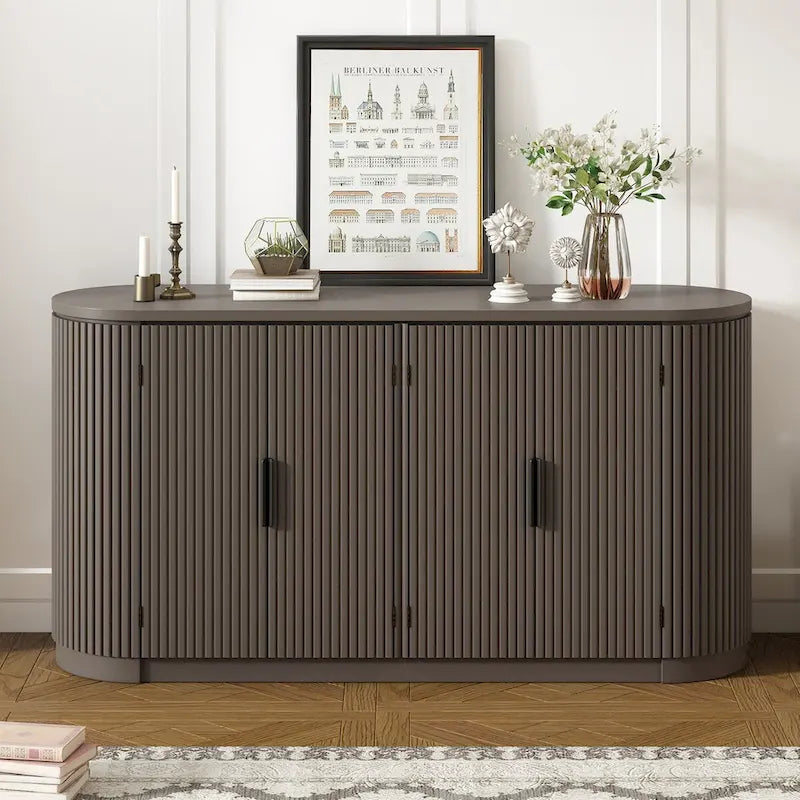 Vertical Striped Storage Cabinet with Metal Handles & Adjustable Shelves