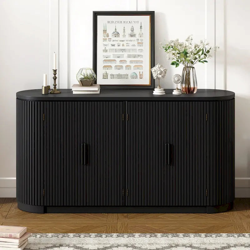 Vertical Striped Storage Cabinet with Metal Handles & Adjustable Shelves