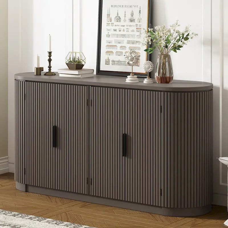 Vertical Striped Storage Cabinet with Metal Handles & Adjustable Shelves