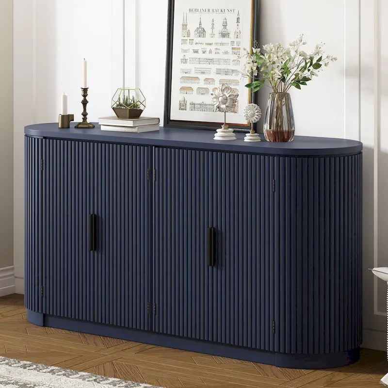Vertical Striped Storage Cabinet with Metal Handles & Adjustable Shelves