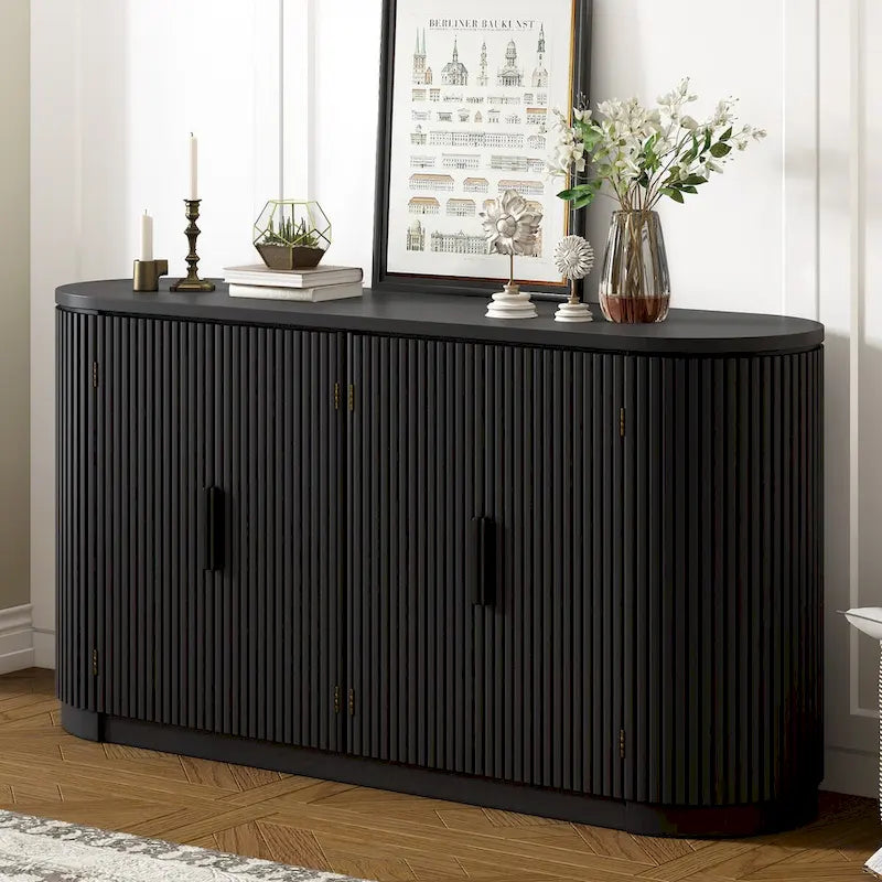 Vertical Striped Storage Cabinet with Metal Handles & Adjustable Shelves