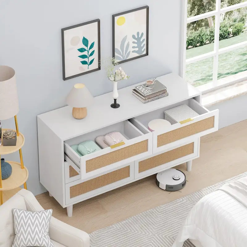 6-Drawer Rattan Dresser with Wood Frame