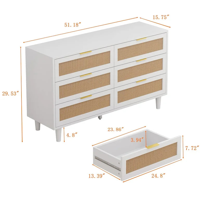 6-Drawer Rattan Dresser with Wood Frame