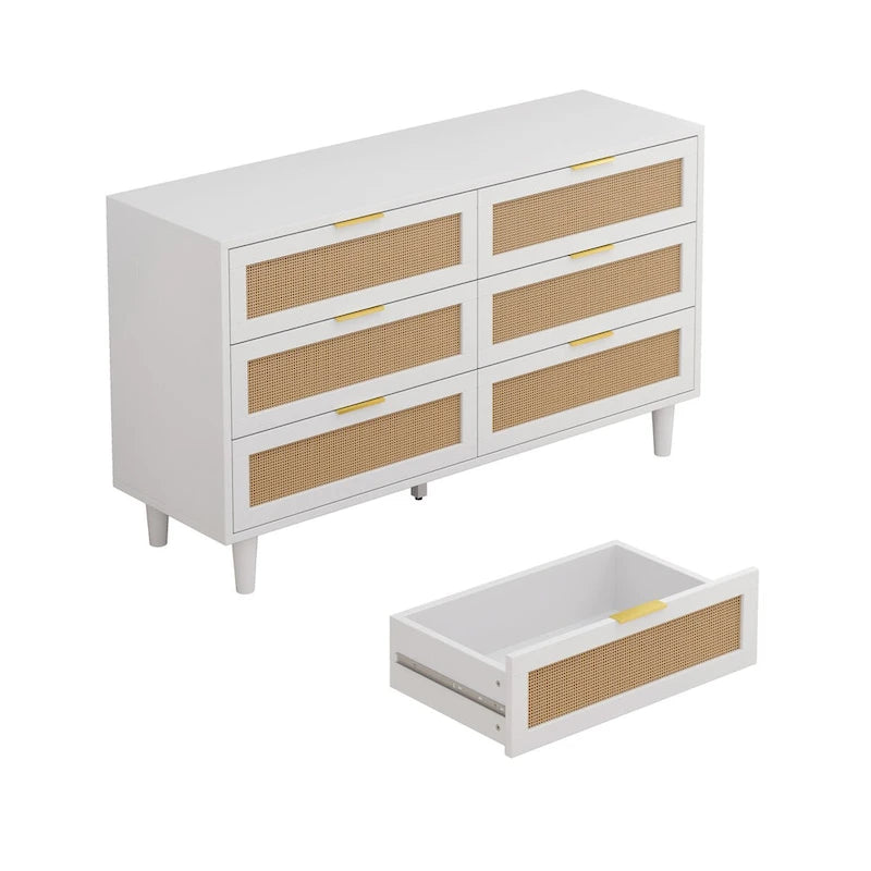 6-Drawer Rattan Dresser with Wood Frame