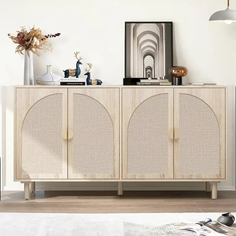 Farmhouse Sideboard Buffet Cabinet with 4 Rattan Doors & Adjustable Shelves