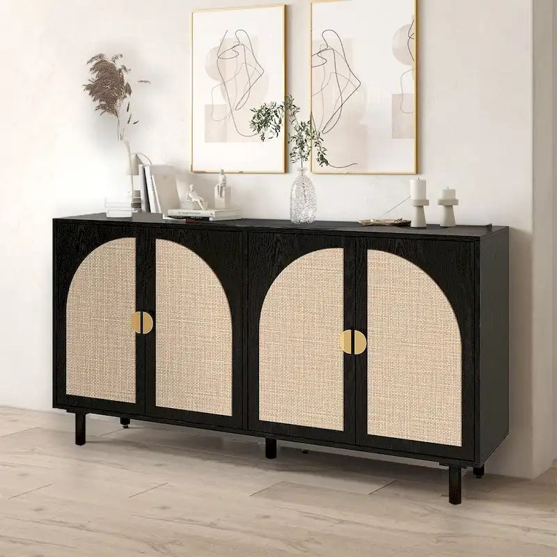 Farmhouse Sideboard Buffet Cabinet with 4 Rattan Doors & Adjustable Shelves